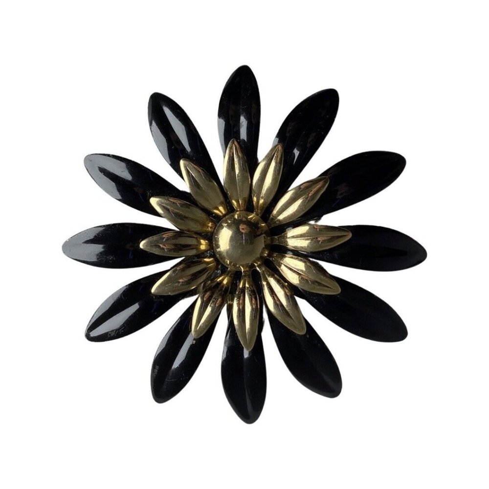 Vintage Sarah Coventry Black Daisy Flower Brooch Pin Gold Tone Accent 3" Gothic